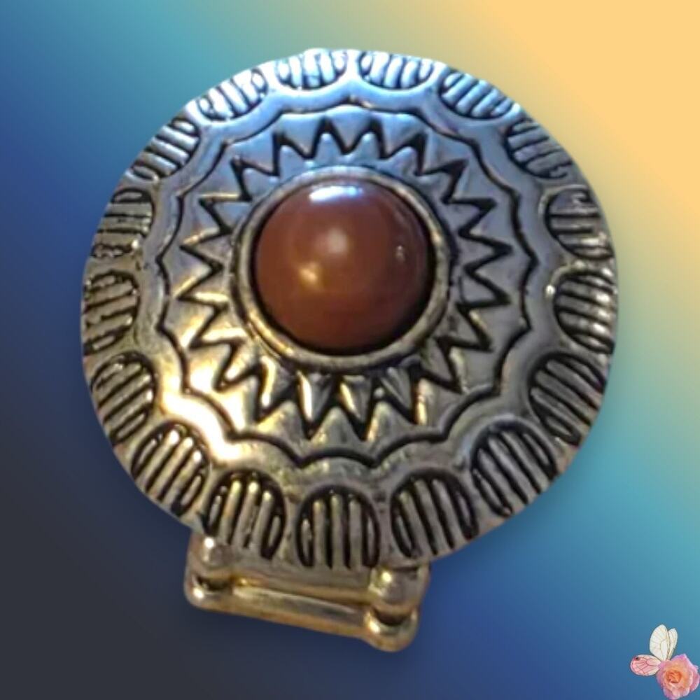 Sunburst Concho Stretch Ring Silver Tone w/ Brown Cabochon 117